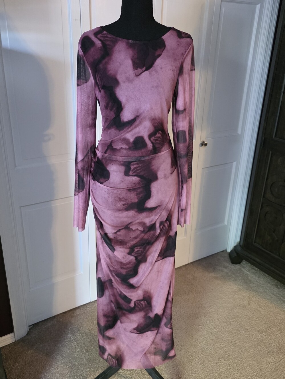 Y2K Bodycon Dress Bundle XL Black Ruched Midi + Pink Tie Dye Maxi Going Out Club
